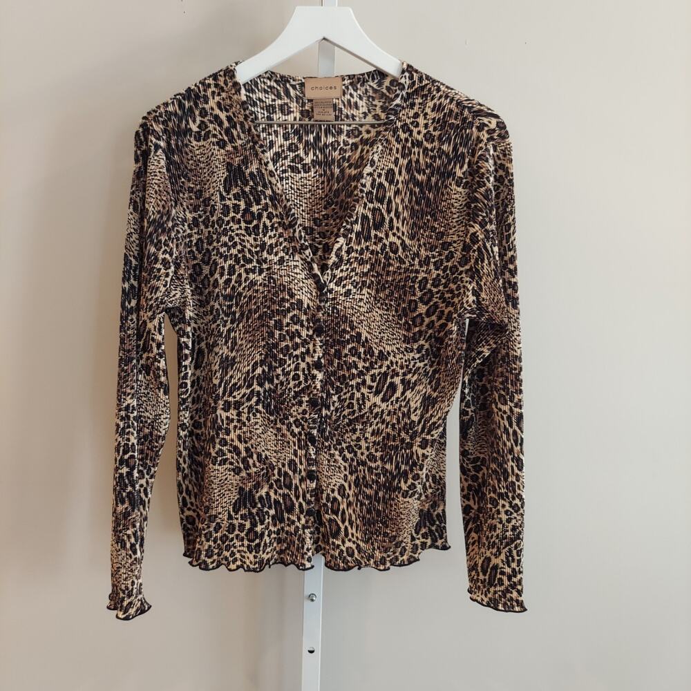 Choices Micro Accordion Pleat V-Neck Button Up Blouse Cardigan Animal Print Y2K